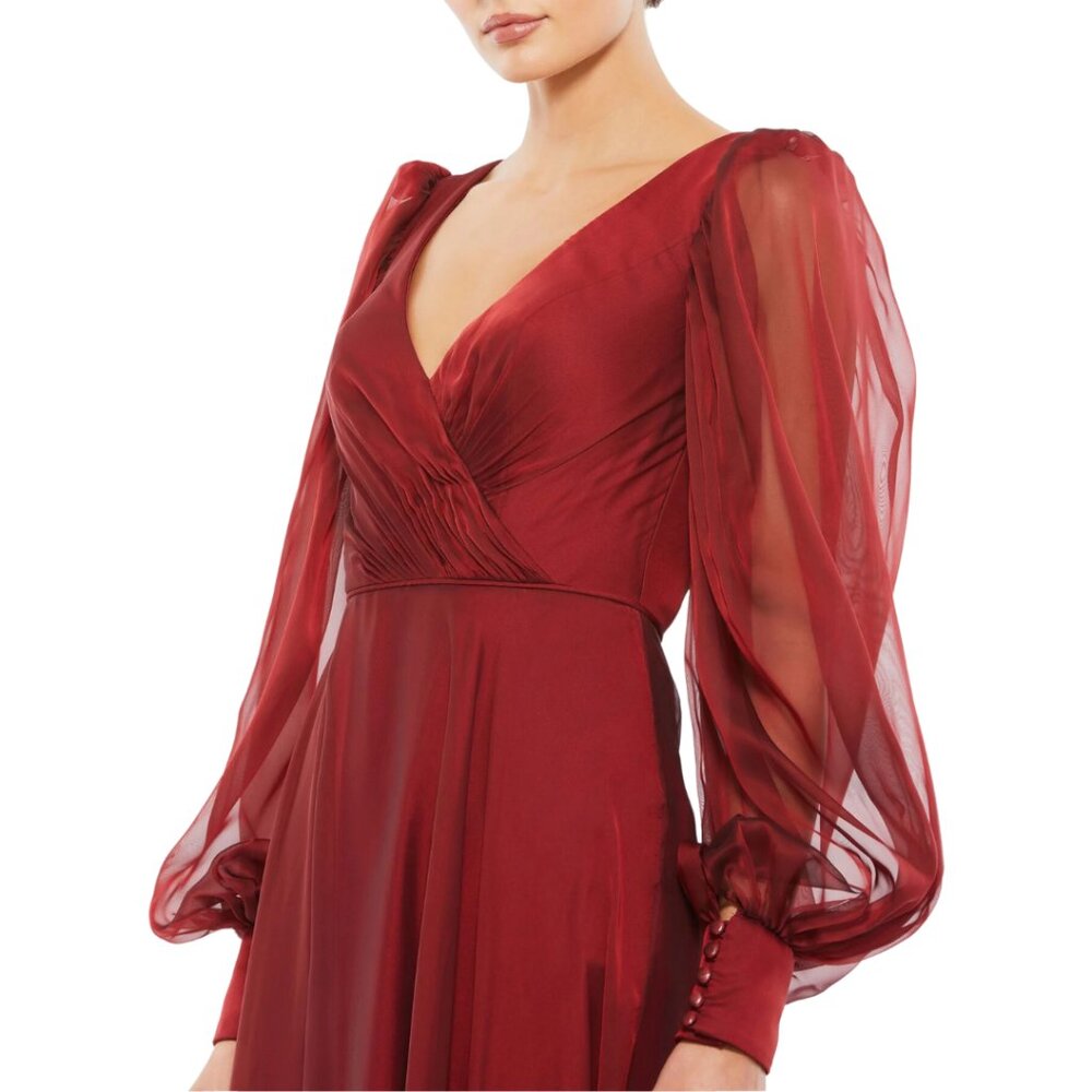 MAC DUGGAL | SHEER BLOUSON SLEEVE SURPLICE GOWN #67873 - Picture 2 of 12